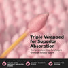 A close-up of a pink cotton swab tip on a yellow stick against a blurred pink background, with marketing text reading 'Triple Wrapped for Superior Absorption' and feature callouts along the bottom Blazy Susan