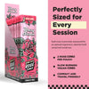 A retail display box and individual pouches of Blazy Susan King Size Rose Cones on the left, next to a pink informational panel on the right that reads 'Perfectly Sized for Every Session' with product features. The packaging features a bold pink and red rose illustration with black and white text.
