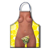 Apron with a yellow pattern featuring a stylized depiction of a woman's torso and fruit.