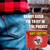 A red metal tin labeled 'ANTI FARTING MINTS' with a crossed-out fart icon, shown in the foreground over a person wearing blue jeans and a red-and-black plaid shirt. Large white text reads 'HANDY SIZED TIN TO FIT IN THE POCKET.