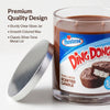 Hostess Ding Dong scented candle with clear glass jar, silver lid, and label on a white background.