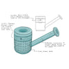A technical product diagram showing a Jane West Twenties Collection Glass Hand Pipe, annotated with handwritten notes about control, texture, and base design on a white background.