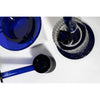 A set of blue and clear glass smoking accessories, including a bowl, a stem, a holder, and a base, arranged on a clean white background.