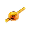A NWTN Home translucent amber glass water pipe with a bulbous center chamber and two cylindrical ports, shown on a solid pale cream background.