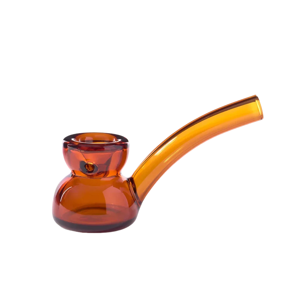 An amber glass water pipe by NWTN Home with a rounded bowl and a curved stem, shown on a plain white background.