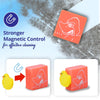 An orange square cleaning sponge with a white shark outline and the year '2025' printed on it, shown alongside a yellow rubber duck. The image includes marketing text reading 'Stronger Magnetic Control for effective cleaning' and two inset diagrams demonstrating the sponge sticking to a magnet and being held by the rubber duck.