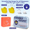 A promotional graphic for a 'Scrubber Duckys' 3-piece magnetic scrubber starter kit, showing the contents: two yellow duck-shaped rubber sponges (Ducky), one white egg-shaped sponge (Micro-Egg), two mini egg-shaped sponges (Mini-Egg), an orange carrying case, and a light blue metal tin.
